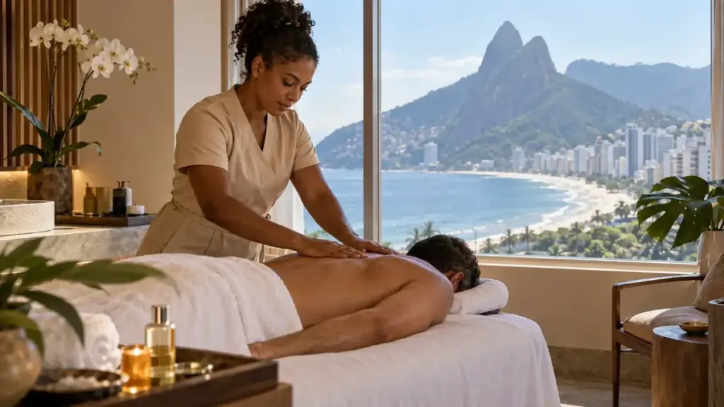Massoterapeuta faz massagem nas costas de um homem em sala com vista para a praia do Leblon e o Morro Dois Irmãos